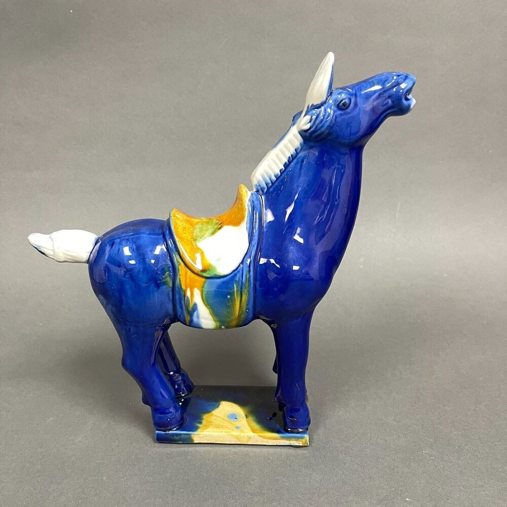 Blue Drip Ceramic Horse with Saddle 10" high x 10" x 2 5/8"‎